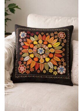Otavalo Ecuador Embroidered Pillow Cover 19.5” Boho Floral Cotton Decor